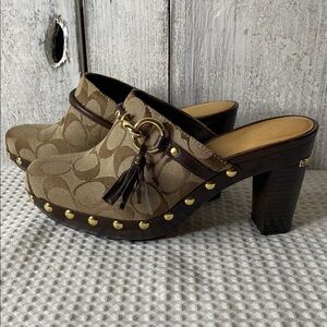 Coach Signature Pattern Clogs  Brown Leather gold toned hardware tassel studded